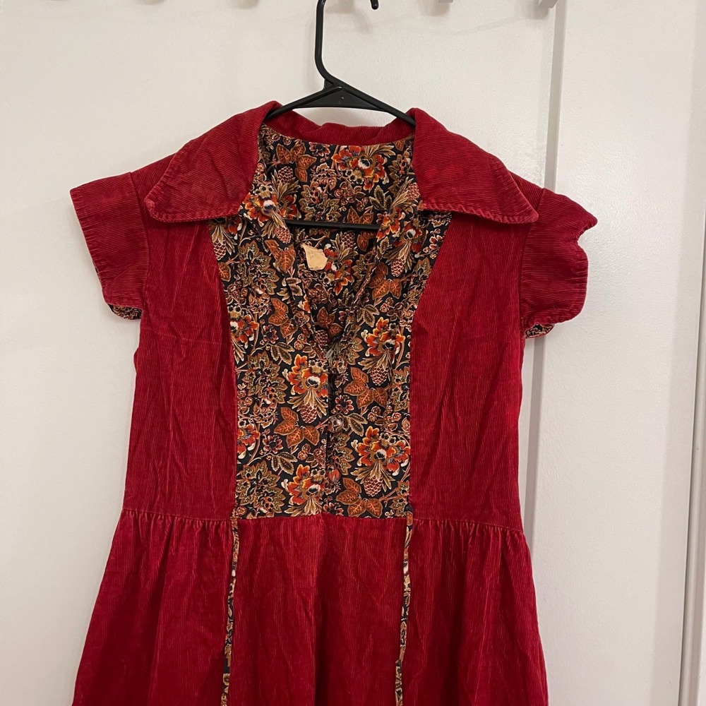 Vintage 70s Cottagecore Corduroy Midi Dress Retro Prairie GrandmaCore Burgundy